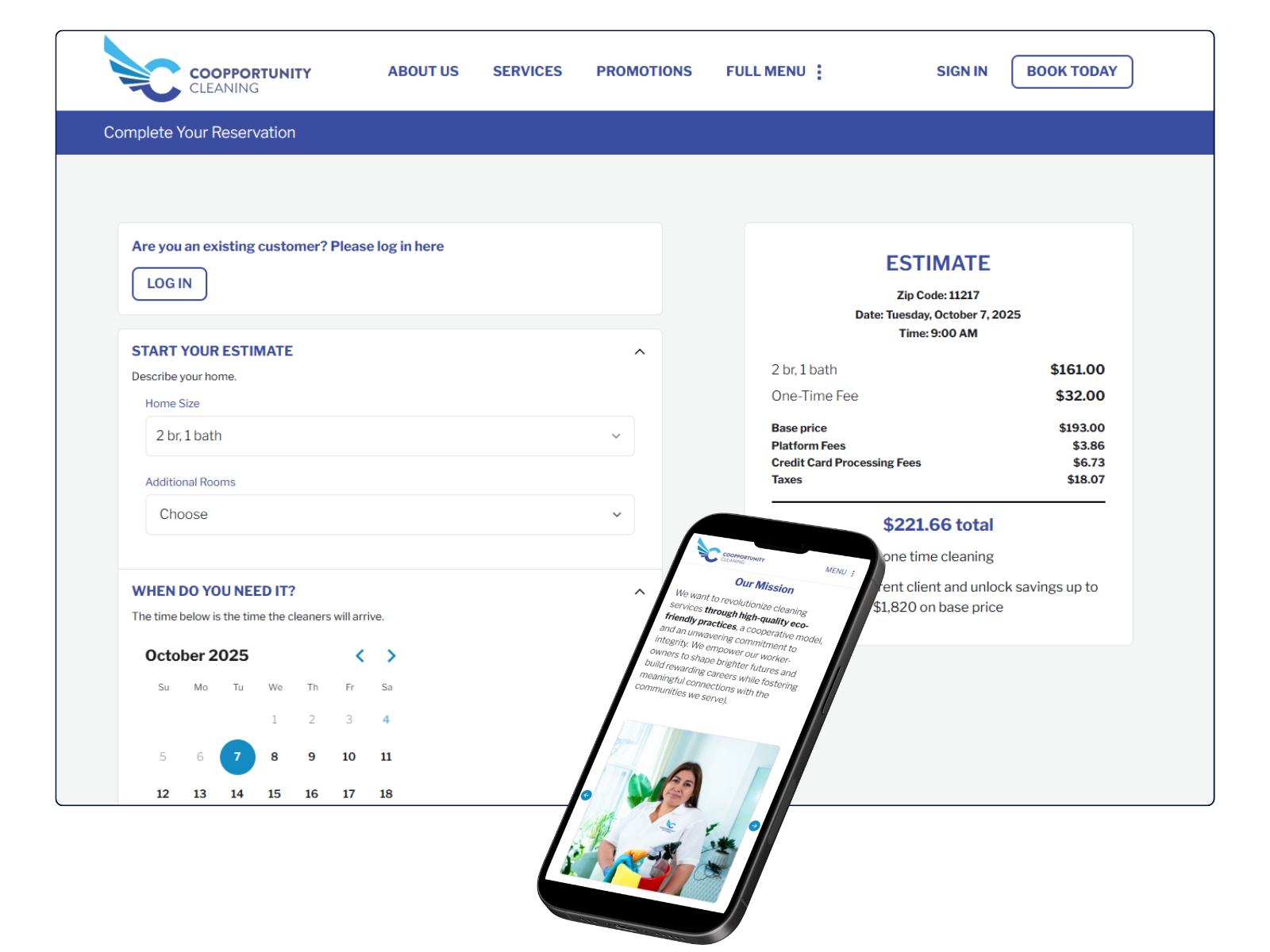 A composite image of a screenshot of Coopportunity web application and the mobile version on a mobile phone mockup.